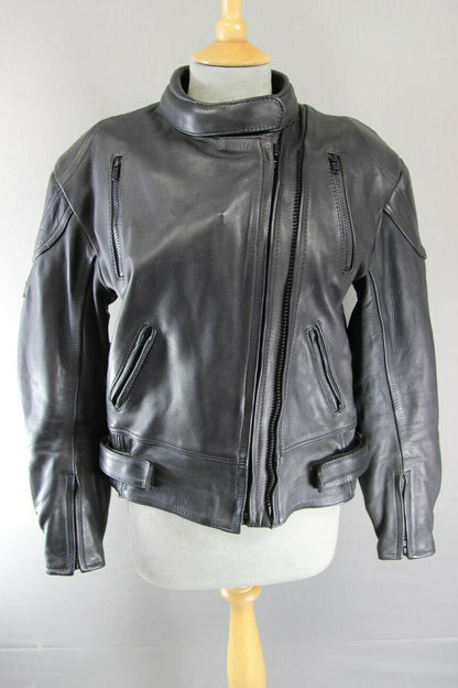 ASHMAN BLACK COWHIDE LEATHER BIKER JACKET WITH REMOVABLE PROTECTORS: SIZE 14