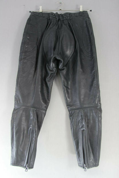 BRITISH MADE ASP BLACK HIDE LEATHER BIKER TROUSERS: WAIST 28 IN/INSIDE LEG 27 IN
