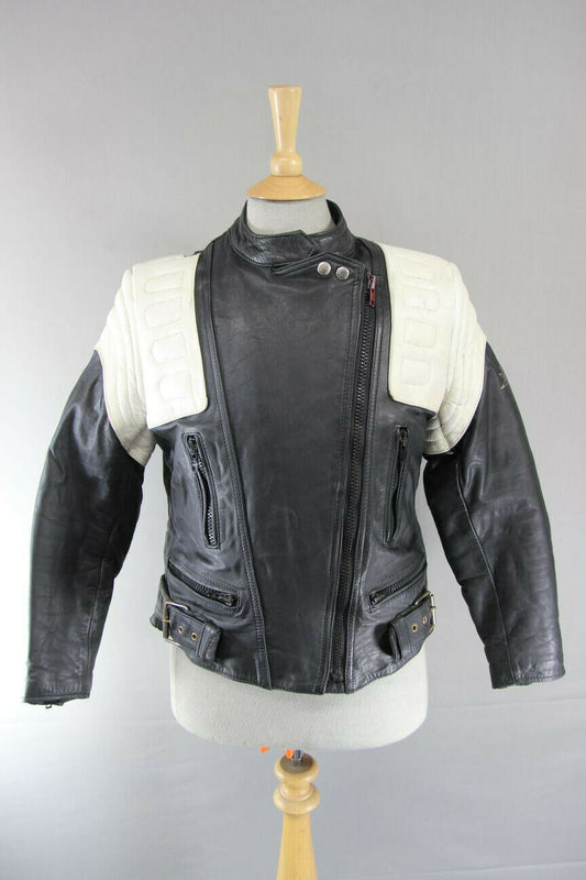CLASSIC VINTAGE BLACK & WHITE BELMO DESIGN LEATHER BIKER JACKET 38 INCH