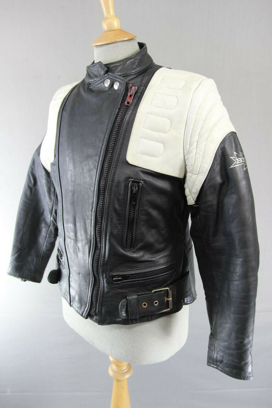 CLASSIC VINTAGE BLACK & WHITE BELMO DESIGN LEATHER BIKER JACKET 38 INCH