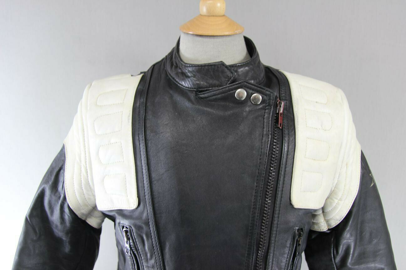 CLASSIC VINTAGE BLACK & WHITE BELMO DESIGN LEATHER BIKER JACKET 38 INCH