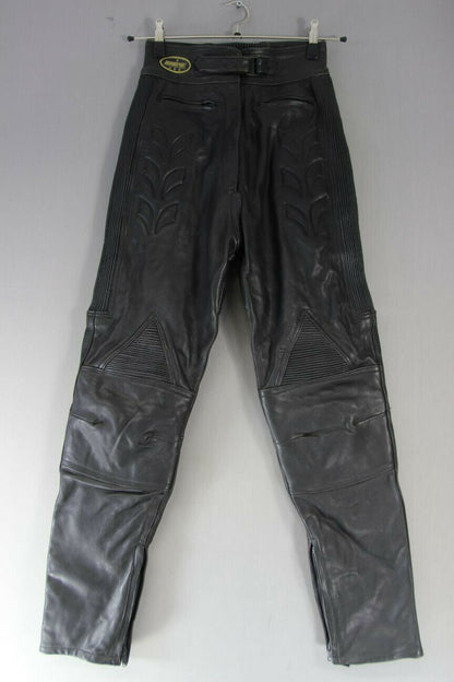 DANNISPORT BLACK COWHIDE LEATHER BIKER TROUSERS: WAIST 26 IN/INSIDE LEG 30 IN