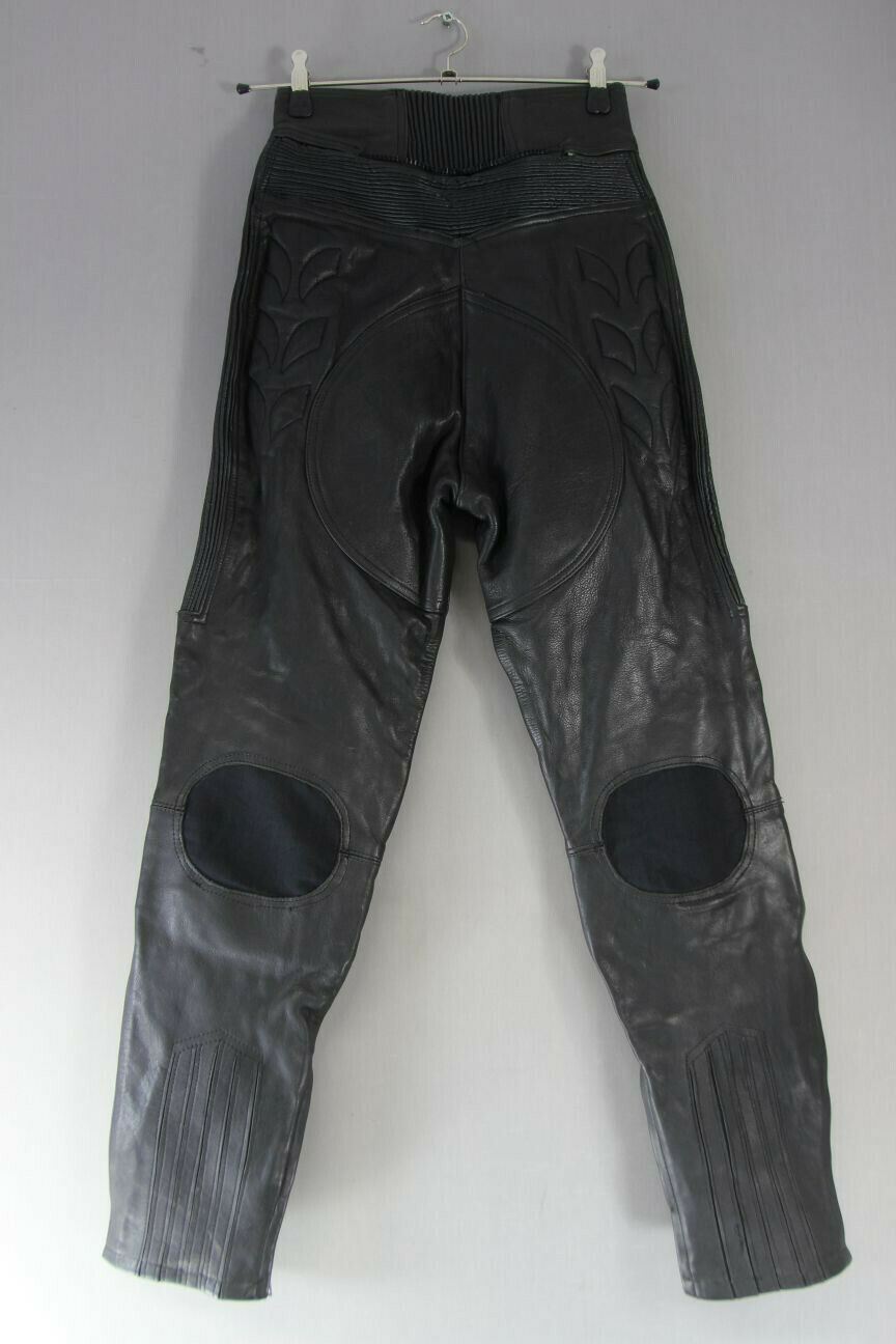 DANNISPORT BLACK COWHIDE LEATHER BIKER TROUSERS: WAIST 26 IN/INSIDE LEG 30 IN