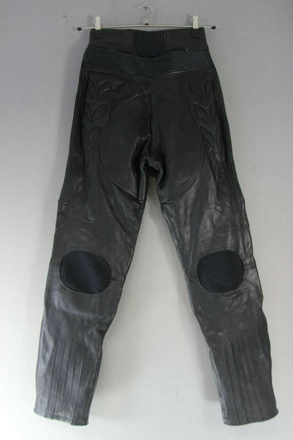 DANNISPORT BLACK COWHIDE LEATHER BIKER TROUSERS: WAIST 26 IN/INSIDE LEG 30 IN