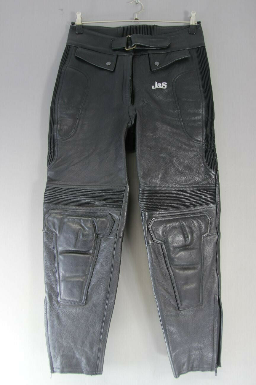 J&S BLACK LEATHER BIKER TROUSERS SIZE 14 (SHORT FIT): WAIST 32IN/INSIDE LEG 27IN