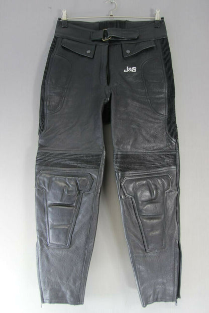 J&S BLACK LEATHER BIKER TROUSERS SIZE 14 (SHORT FIT): WAIST 32IN/INSIDE LEG 27IN