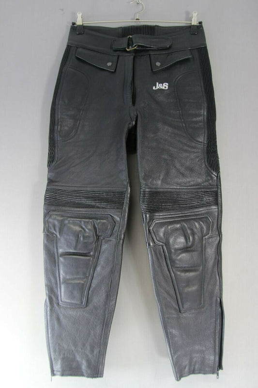 J&S BLACK LEATHER BIKER TROUSERS SIZE 14 (SHORT FIT): WAIST 32IN/INSIDE LEG 27IN