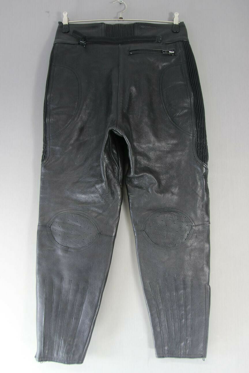 J&S BLACK LEATHER BIKER TROUSERS SIZE 14 (SHORT FIT): WAIST 32IN/INSIDE LEG 27IN