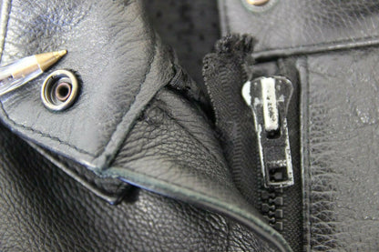 J&S BLACK LEATHER BIKER TROUSERS SIZE 14 (SHORT FIT): WAIST 32IN/INSIDE LEG 27IN
