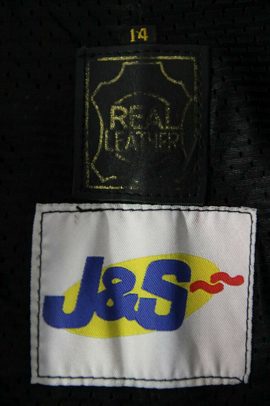 J&S BLACK LEATHER BIKER TROUSERS SIZE 14 (SHORT FIT): WAIST 32IN/INSIDE LEG 27IN