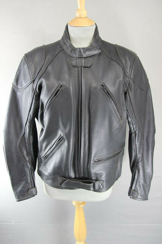 RIDER CLASSIC BLACK LEATHER BIKER JACKET WITH REMOVABLE BACK PROTECTOR: SIZE 16