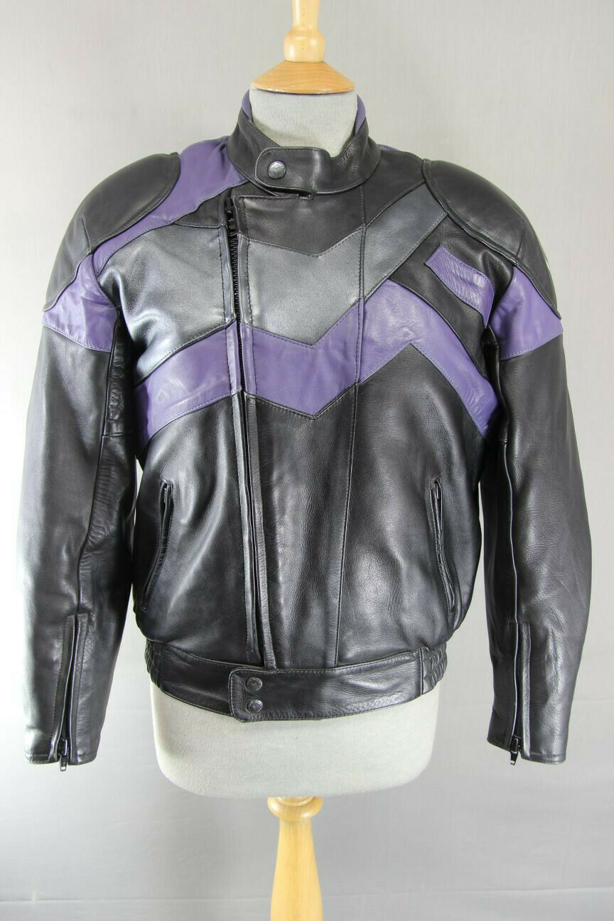 FRANK THOMAS BLACK, PURPLE & SILVER LEATHER BIKER JACKET + BACK PROTECTOR SIZE10