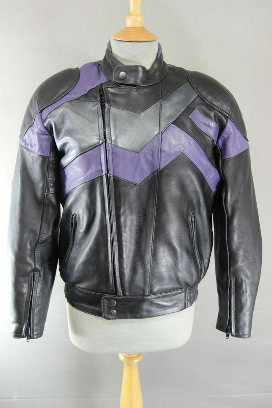 FRANK THOMAS BLACK, PURPLE & SILVER LEATHER BIKER JACKET + BACK PROTECTOR SIZE10