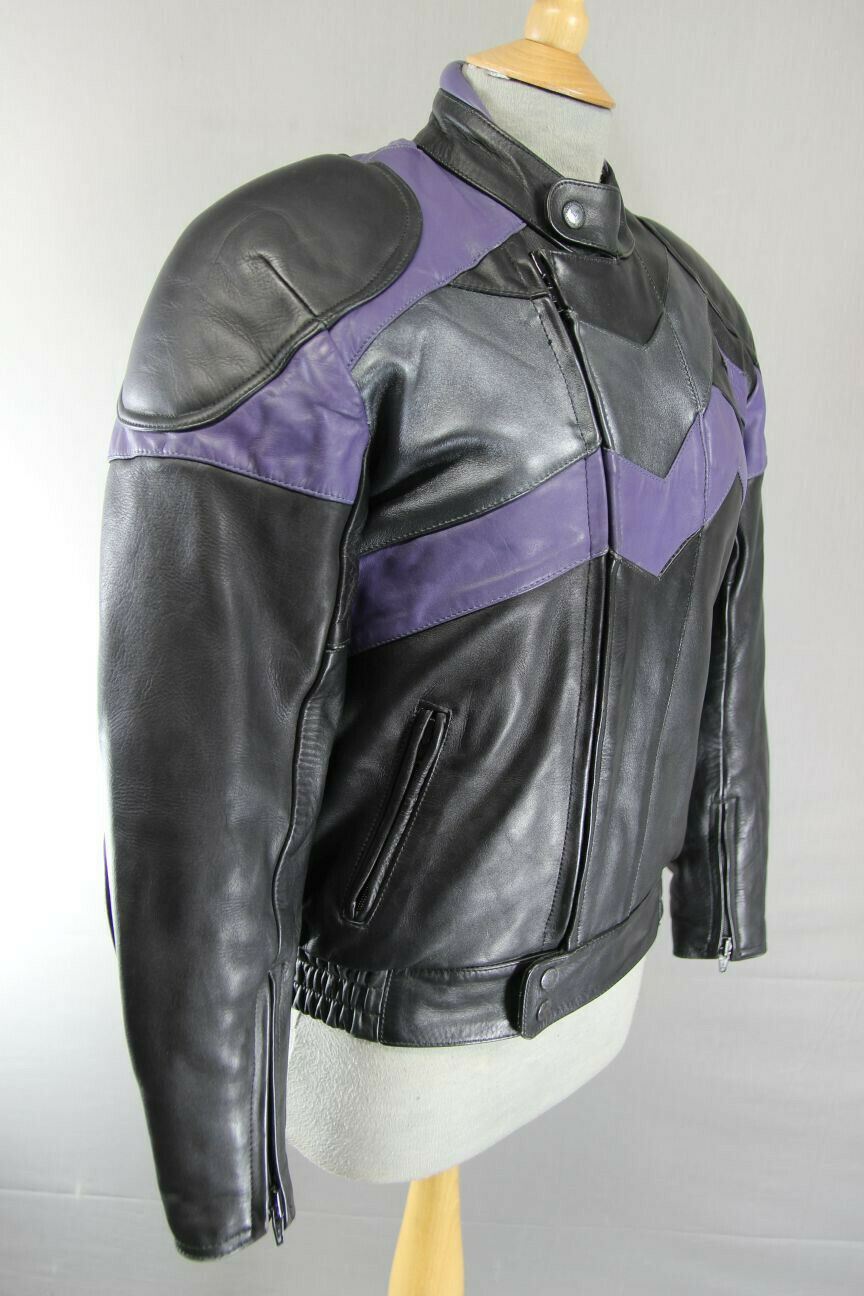 FRANK THOMAS BLACK, PURPLE & SILVER LEATHER BIKER JACKET + BACK PROTECTOR SIZE10