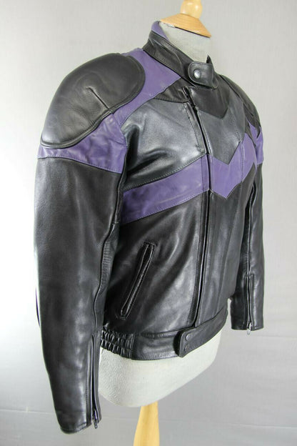 FRANK THOMAS BLACK, PURPLE & SILVER LEATHER BIKER JACKET + BACK PROTECTOR SIZE10