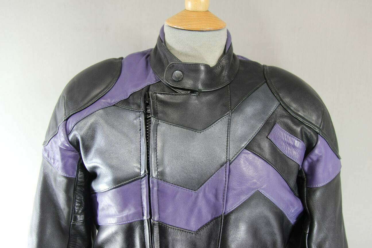 FRANK THOMAS BLACK, PURPLE & SILVER LEATHER BIKER JACKET + BACK PROTECTOR SIZE10
