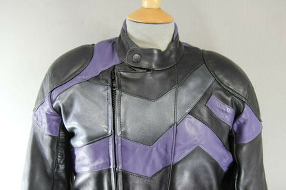 FRANK THOMAS BLACK, PURPLE & SILVER LEATHER BIKER JACKET + BACK PROTECTOR SIZE10