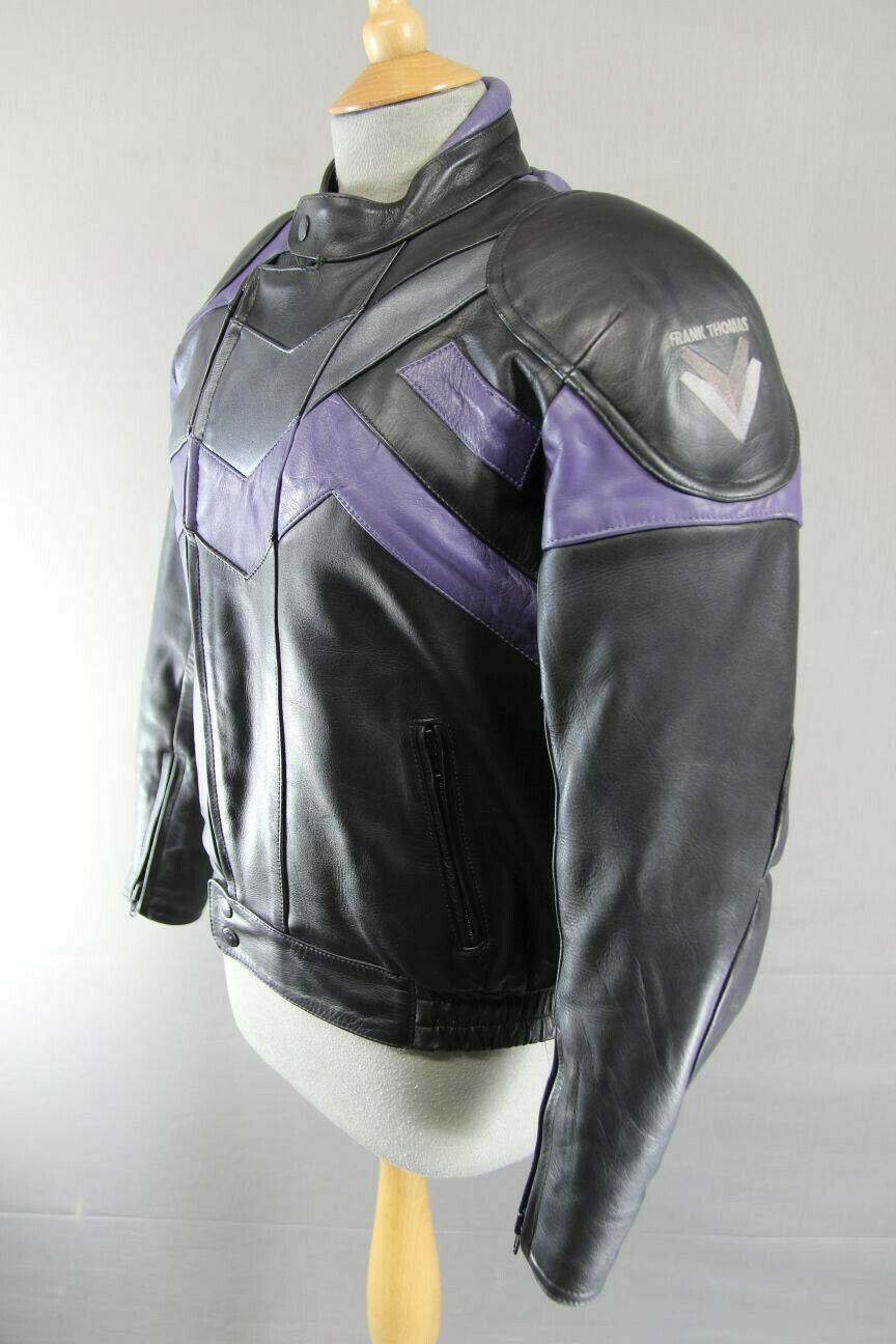 FRANK THOMAS BLACK, PURPLE & SILVER LEATHER BIKER JACKET + BACK PROTECTOR SIZE10