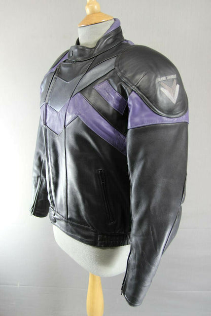 FRANK THOMAS BLACK, PURPLE & SILVER LEATHER BIKER JACKET + BACK PROTECTOR SIZE10
