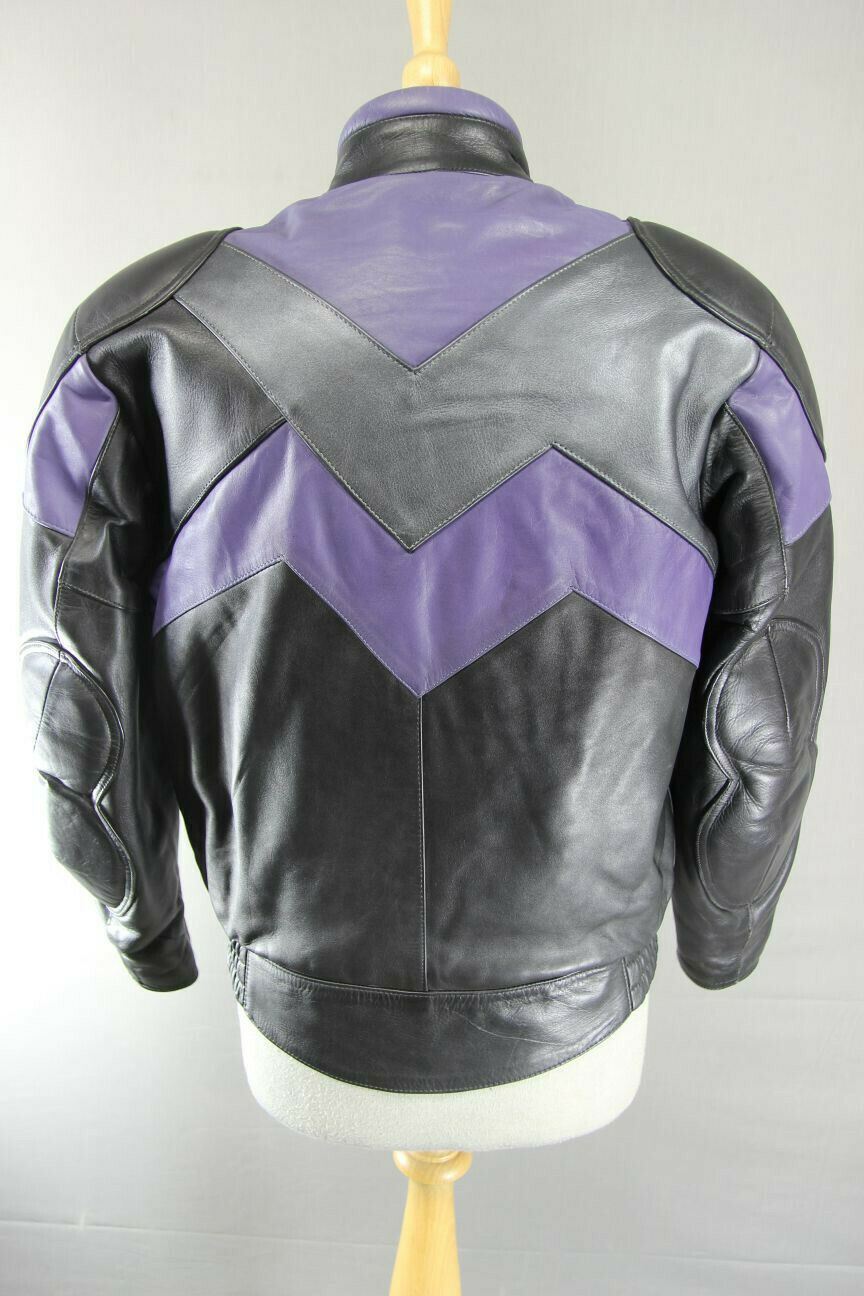 FRANK THOMAS BLACK, PURPLE & SILVER LEATHER BIKER JACKET + BACK PROTECTOR SIZE10