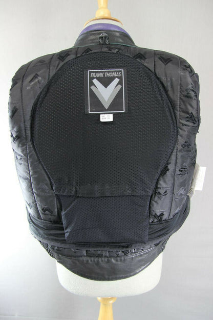 FRANK THOMAS BLACK, PURPLE & SILVER LEATHER BIKER JACKET + BACK PROTECTOR SIZE10