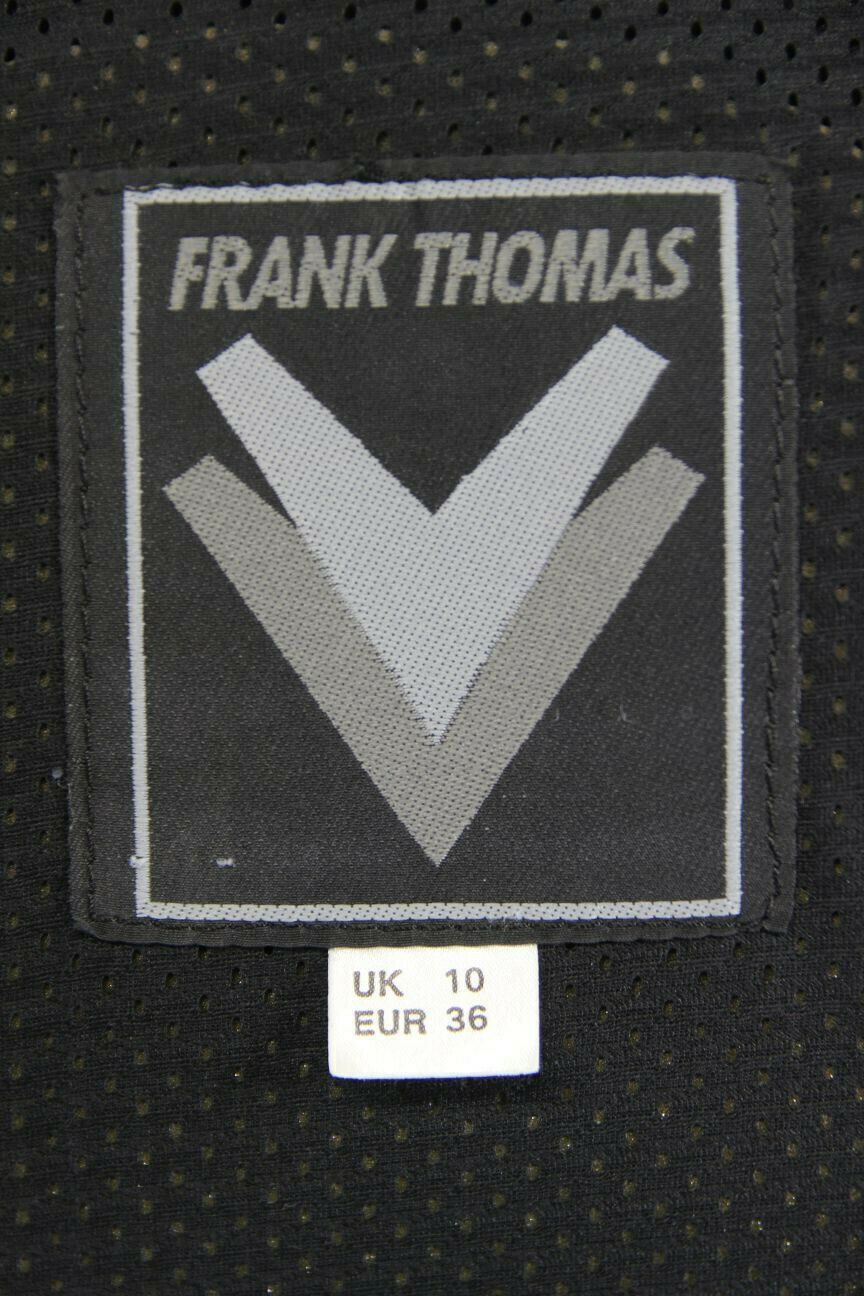FRANK THOMAS BLACK, PURPLE & SILVER LEATHER BIKER JACKET + BACK PROTECTOR SIZE10