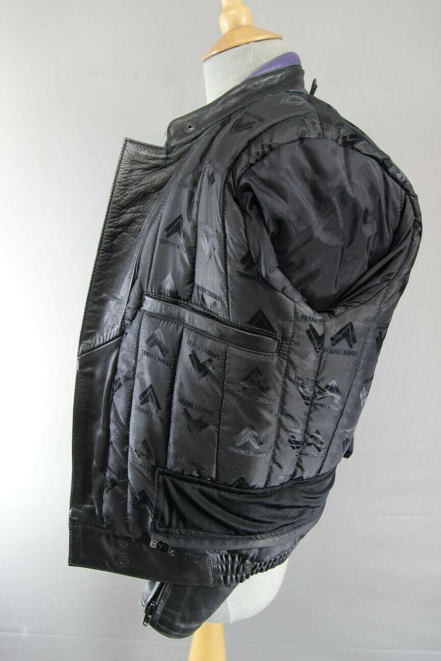 FRANK THOMAS BLACK, PURPLE & SILVER LEATHER BIKER JACKET + BACK PROTECTOR SIZE10