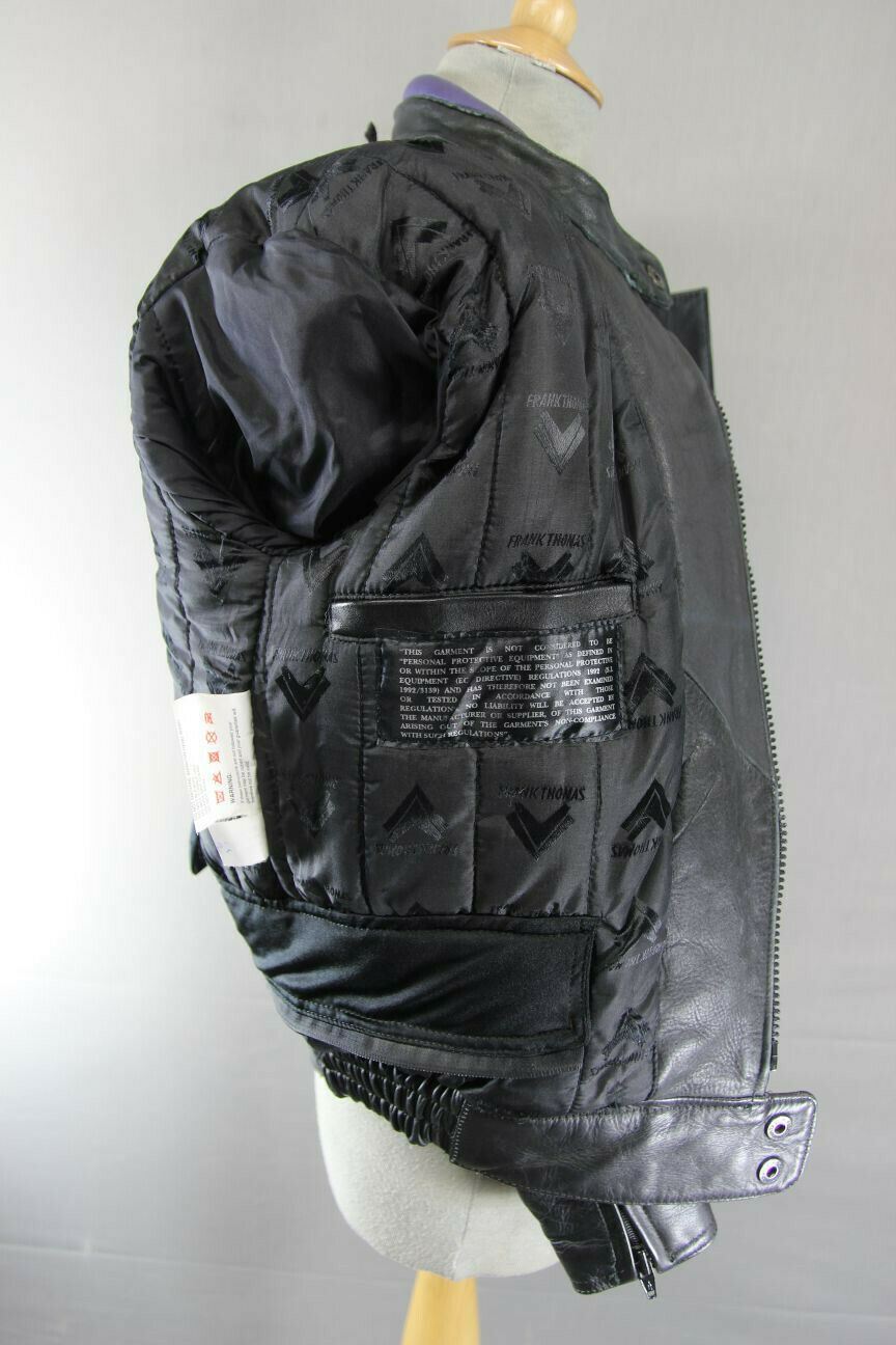 FRANK THOMAS BLACK, PURPLE & SILVER LEATHER BIKER JACKET + BACK PROTECTOR SIZE10