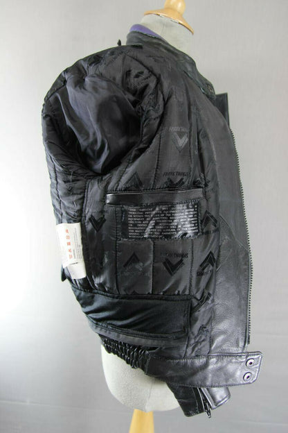 FRANK THOMAS BLACK, PURPLE & SILVER LEATHER BIKER JACKET + BACK PROTECTOR SIZE10