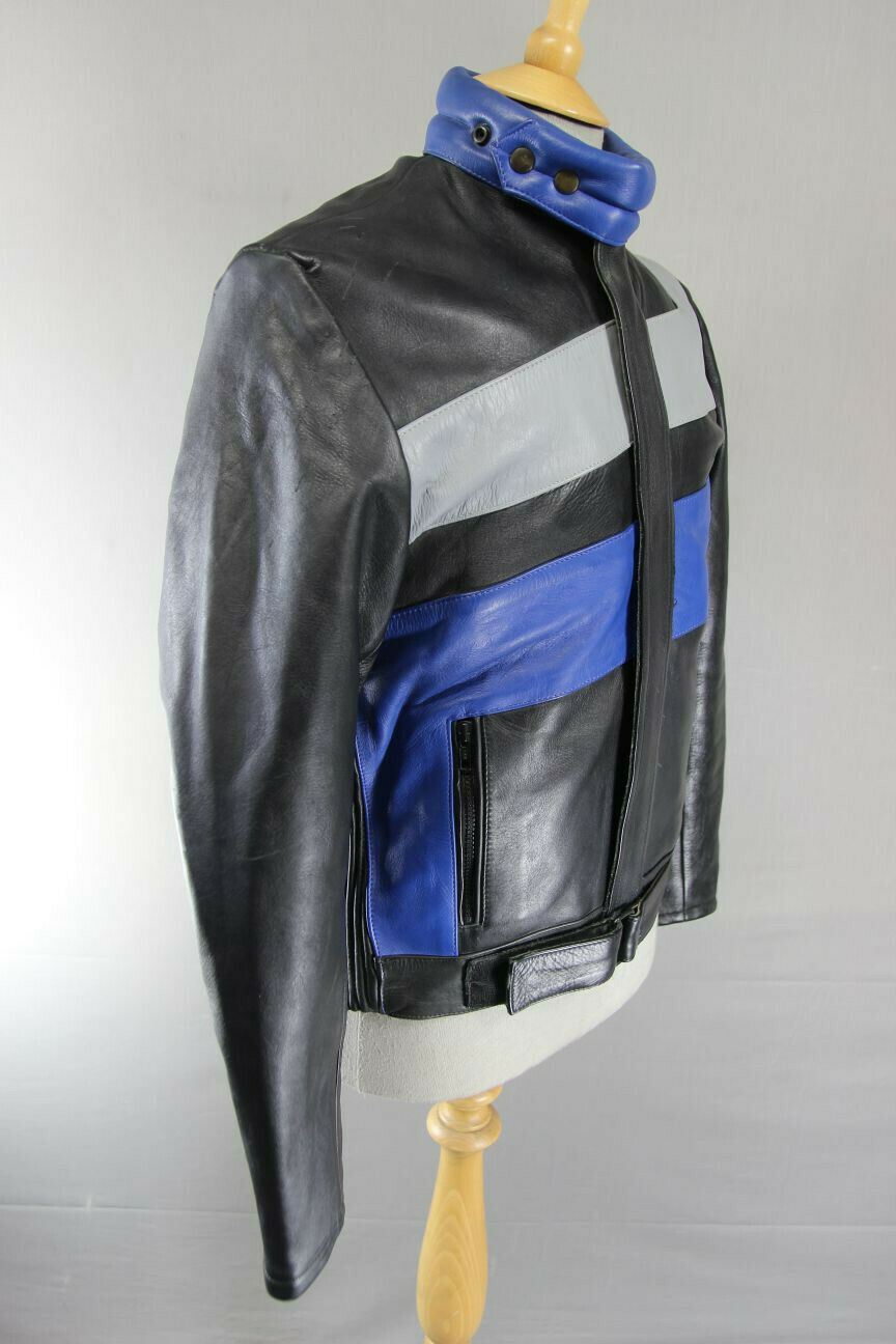 AMAZING BLACK, BLUE & GREY KETT COWHIDE LEATHER BIKER JACKET 38 INCH