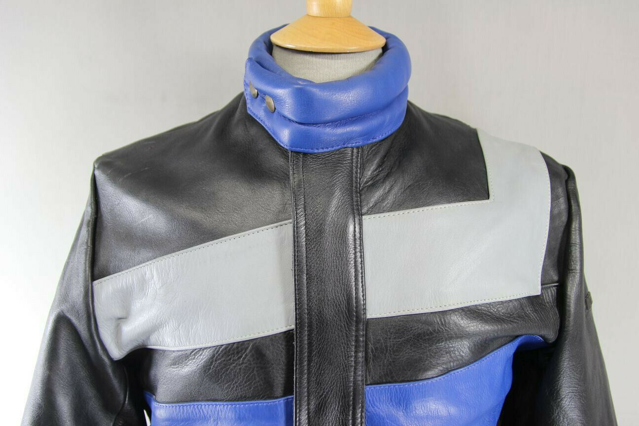 AMAZING BLACK, BLUE & GREY KETT COWHIDE LEATHER BIKER JACKET 38 INCH