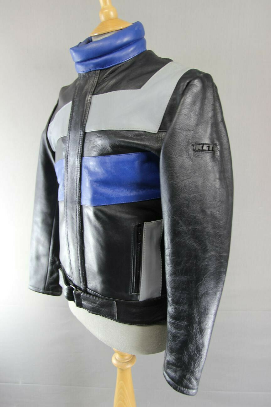 AMAZING BLACK, BLUE & GREY KETT COWHIDE LEATHER BIKER JACKET 38 INCH