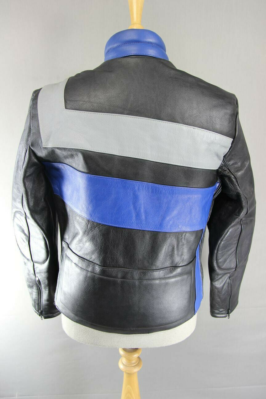 AMAZING BLACK, BLUE & GREY KETT COWHIDE LEATHER BIKER JACKET 38 INCH