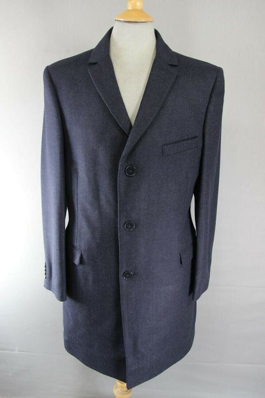 BRAND NEW MENS WOOL RICH BLEND NAVY BLUE HERRINGONE TAILORED FIT OVERCOAT 40-44"