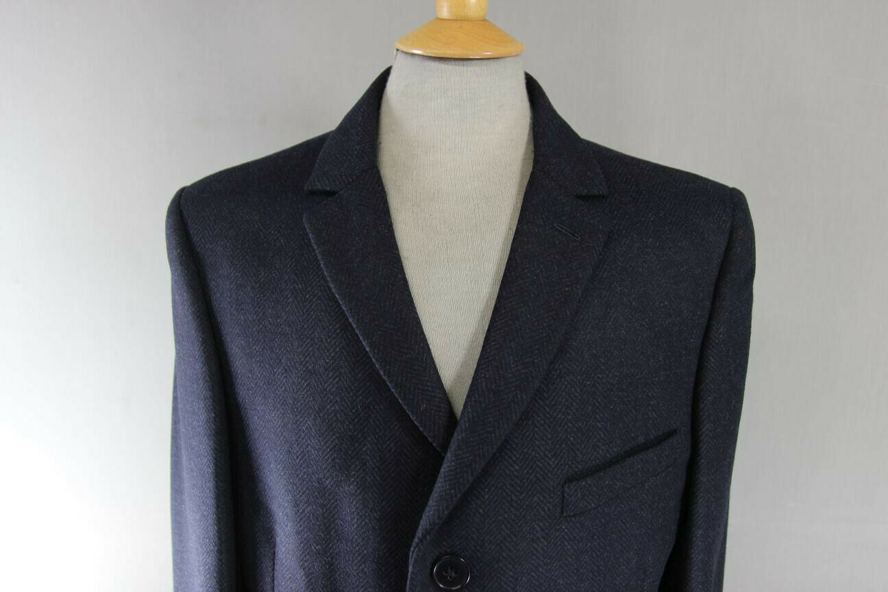 BRAND NEW MENS WOOL RICH BLEND NAVY BLUE HERRINGONE TAILORED FIT OVERCOAT 40-44"