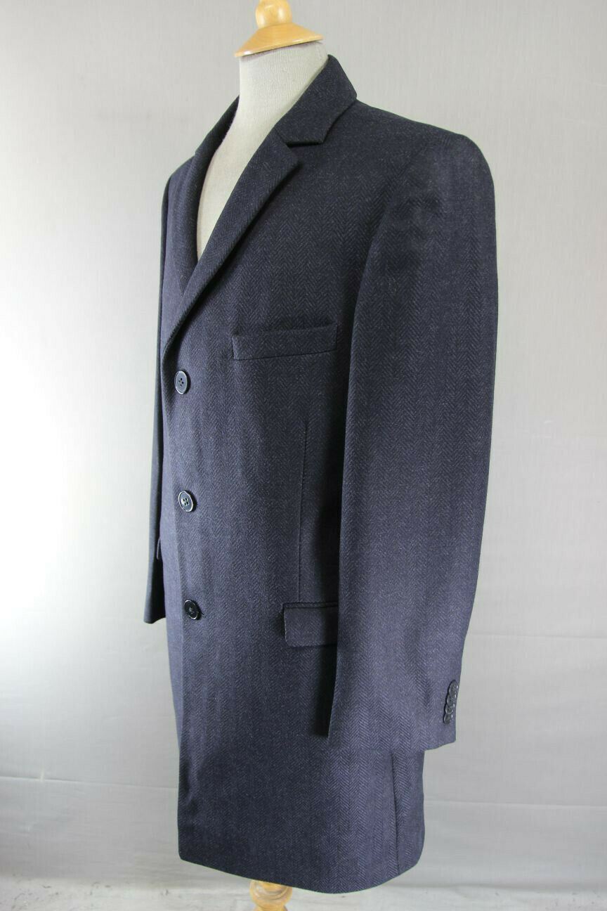 BRAND NEW MENS WOOL RICH BLEND NAVY BLUE HERRINGONE TAILORED FIT OVERCOAT 40-44"
