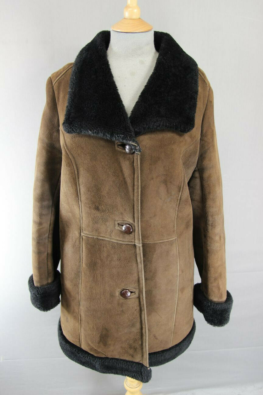 VINTAGE 1970's DARK BROWN SUEDE LEATHER SHEEPSKIN LINED COAT 38 INCH