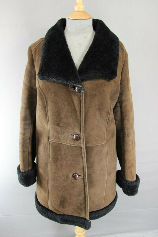 VINTAGE 1970's DARK BROWN SUEDE LEATHER SHEEPSKIN LINED COAT 38 INCH