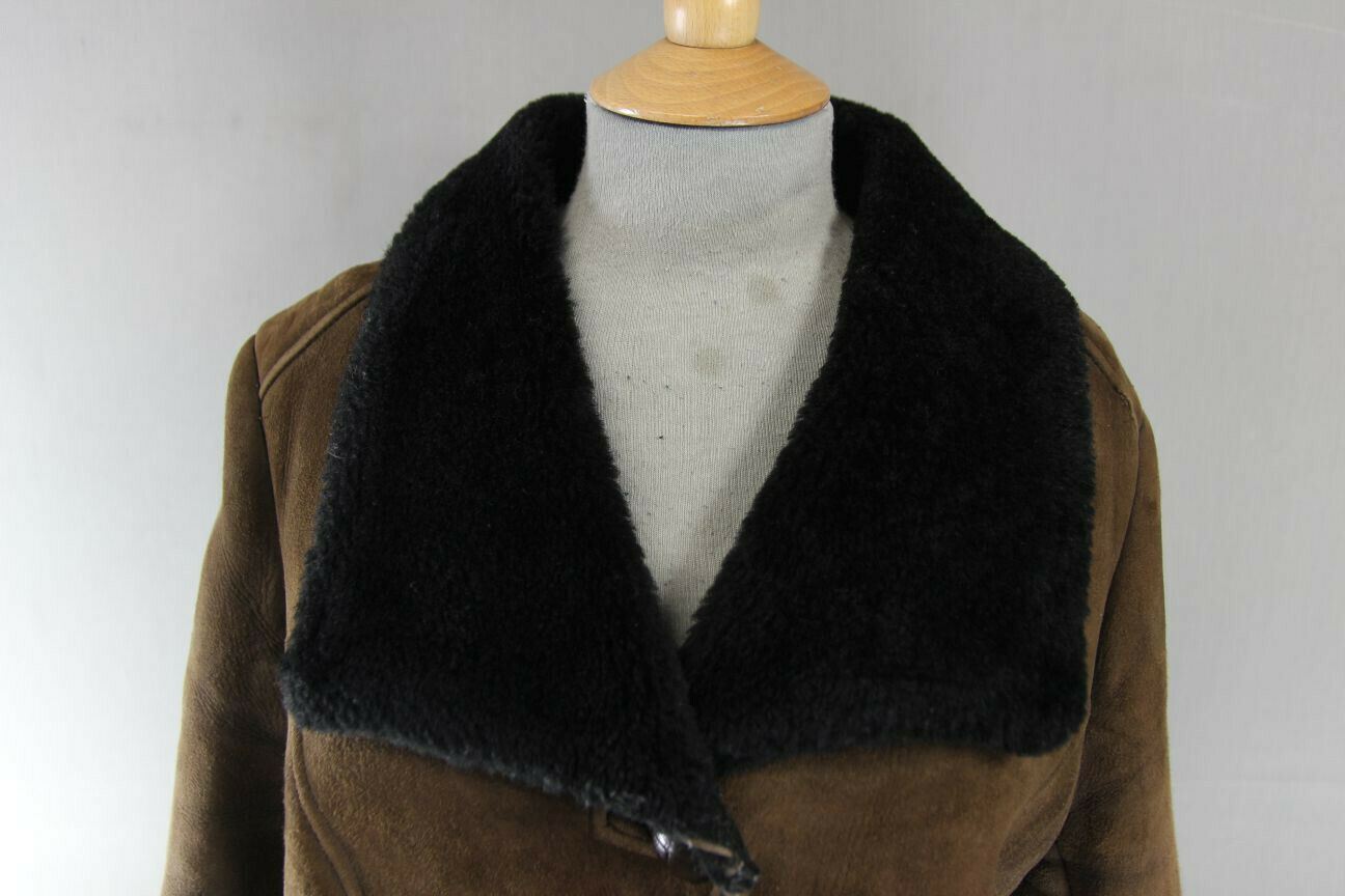VINTAGE 1970's DARK BROWN SUEDE LEATHER SHEEPSKIN LINED COAT 38 INCH