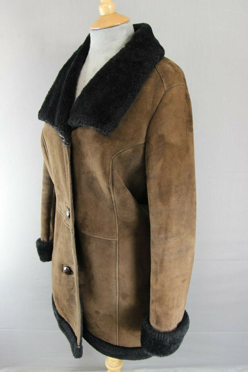 VINTAGE 1970's DARK BROWN SUEDE LEATHER SHEEPSKIN LINED COAT 38 INCH