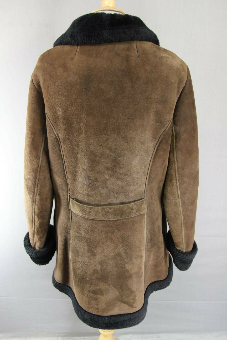 VINTAGE 1970's DARK BROWN SUEDE LEATHER SHEEPSKIN LINED COAT 38 INCH