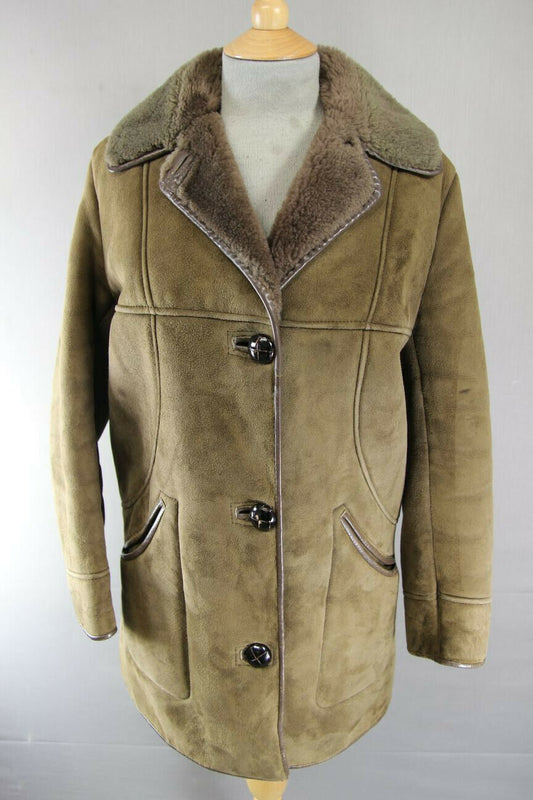 CLASSIC VINTAGE 70's LEATHER TRIMMED LIGHT BROWN SUEDE SHEEPSKIN LINED COAT 36IN