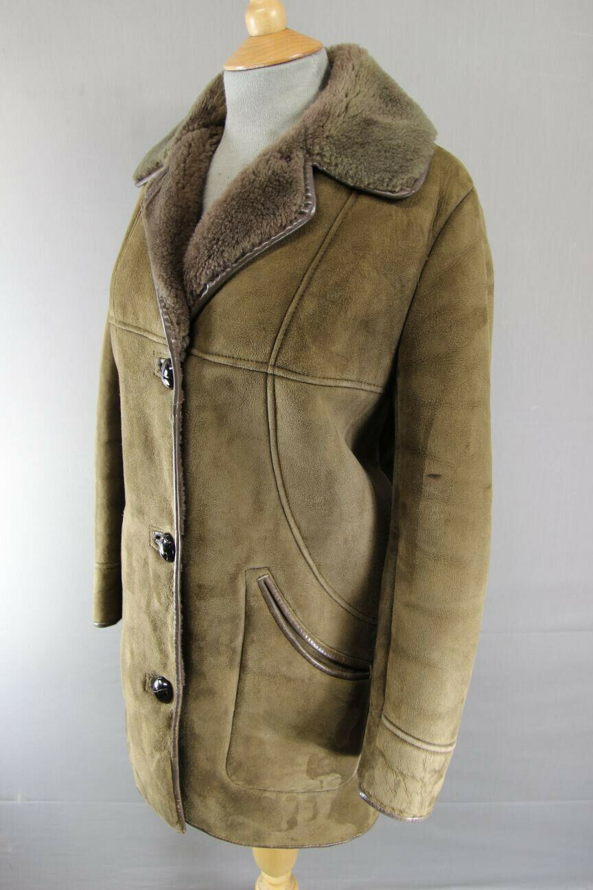 CLASSIC VINTAGE 70's LEATHER TRIMMED LIGHT BROWN SUEDE SHEEPSKIN LINED COAT 36IN