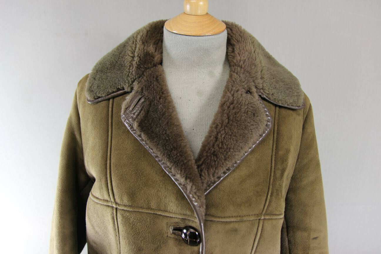 CLASSIC VINTAGE 70's LEATHER TRIMMED LIGHT BROWN SUEDE SHEEPSKIN LINED COAT 36IN