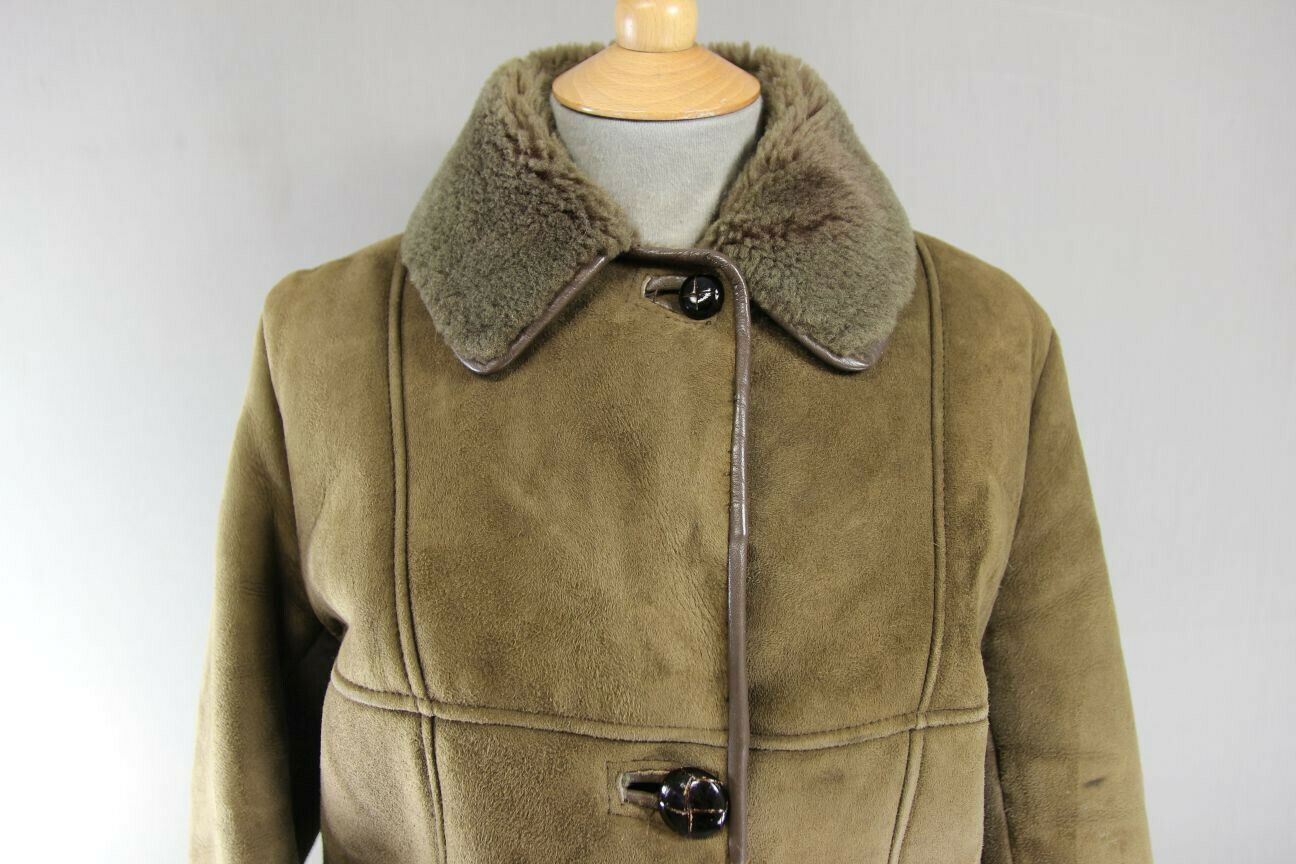 CLASSIC VINTAGE 70's LEATHER TRIMMED LIGHT BROWN SUEDE SHEEPSKIN LINED COAT 36IN