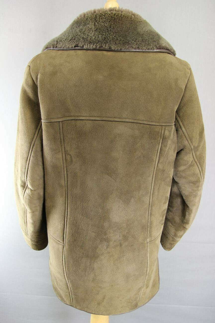 CLASSIC VINTAGE 70's LEATHER TRIMMED LIGHT BROWN SUEDE SHEEPSKIN LINED COAT 36IN