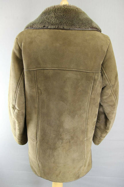 CLASSIC VINTAGE 70's LEATHER TRIMMED LIGHT BROWN SUEDE SHEEPSKIN LINED COAT 36IN