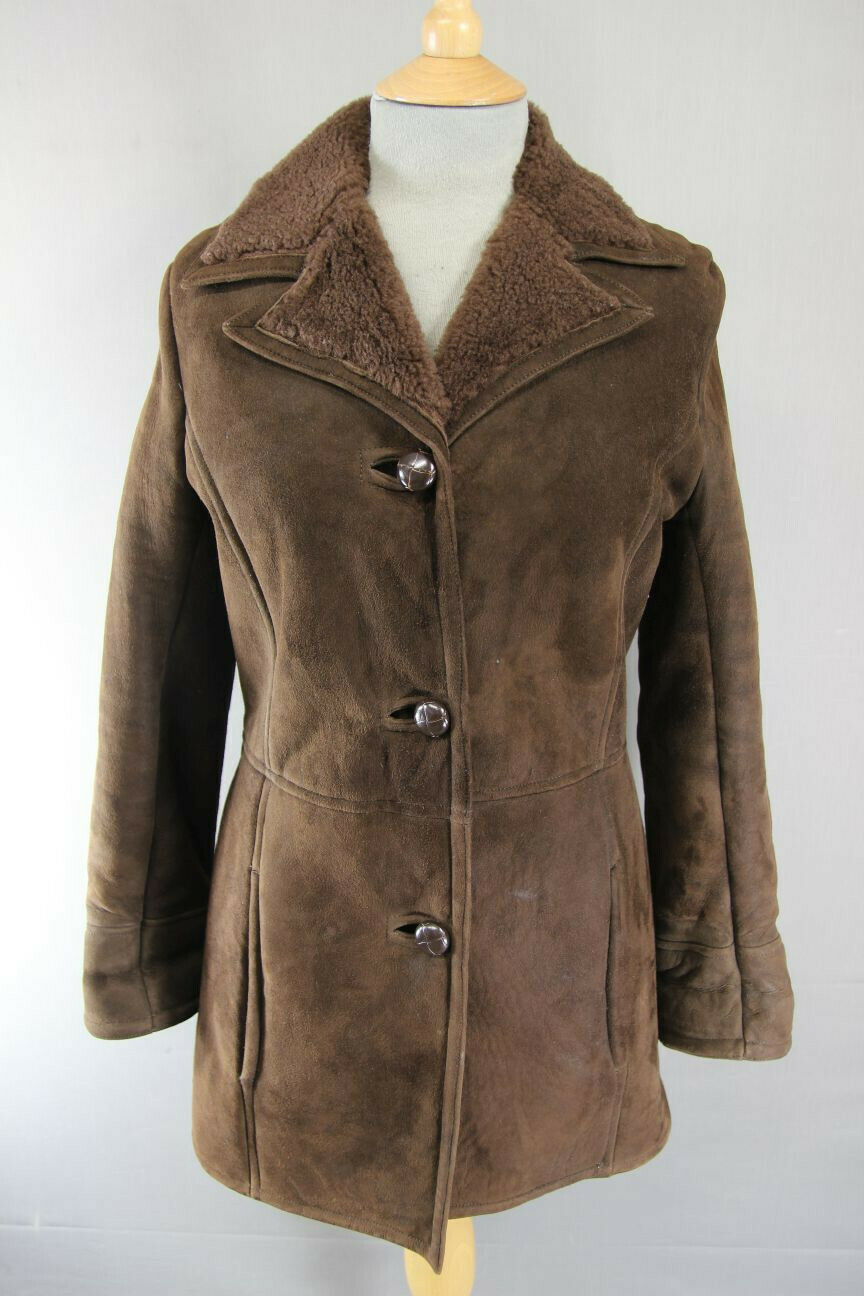 SUPERB QUALITY VINTAGE 1970's DARK BROWN SUEDE LEATHER SHEEPSKIN LINED COAT 34IN