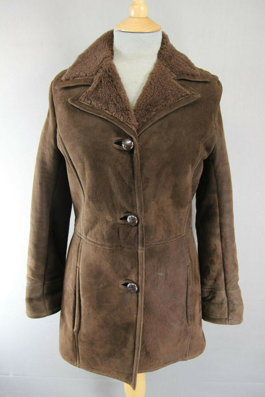 SUPERB QUALITY VINTAGE 1970's DARK BROWN SUEDE LEATHER SHEEPSKIN LINED COAT 34IN