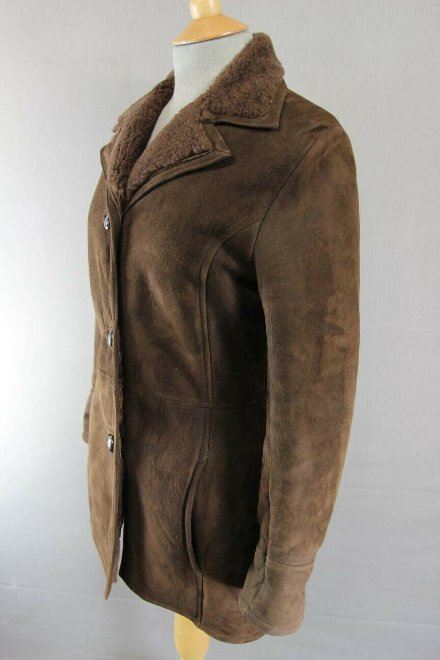 SUPERB QUALITY VINTAGE 1970's DARK BROWN SUEDE LEATHER SHEEPSKIN LINED COAT 34IN